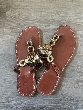 Beaded Brown Leather Women’s Thong Sandals